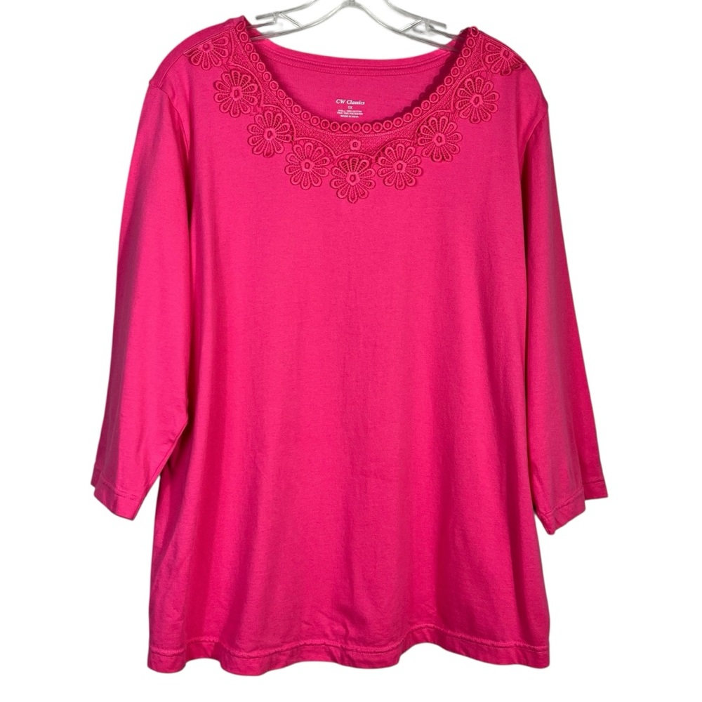 CW Classics Hot Pink Lace Appliqué 3/4 Sleeve Cotton Shirt 1X Plus Size Modest